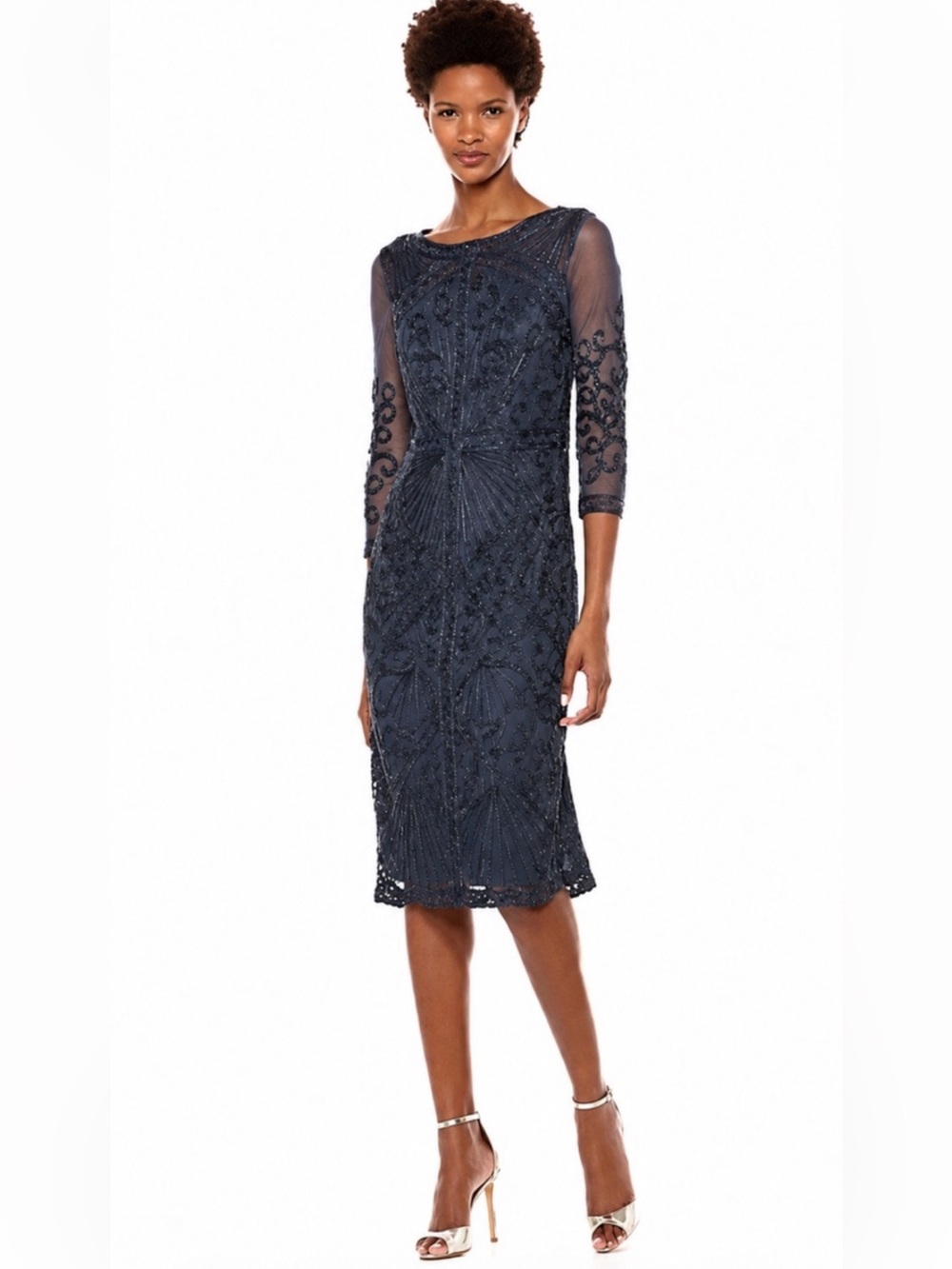 JS Collections Embroidered Navy Blue Cocktail Formal Dress Size 2